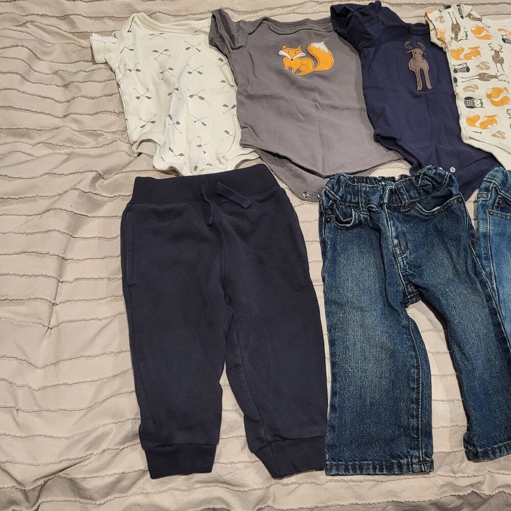 9-12 Month Baby Boy Bundle Short Sleeve Woodland Animals Pants Jeans - Picture 4 of 4